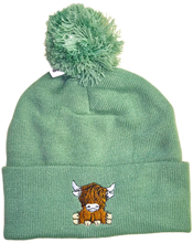Load image into Gallery viewer, Highland Cow Bobble Hat (Turquoise / Pink / Green / Black)
