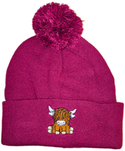 Load image into Gallery viewer, Highland Cow Bobble Hat (Turquoise / Pink / Green / Black)
