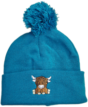 Load image into Gallery viewer, Highland Cow Bobble Hat (Turquoise / Pink / Green / Black)
