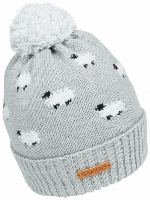 Ladies Sheep Print Knitted Bobble Hat (Pink / Grey / Natural)
